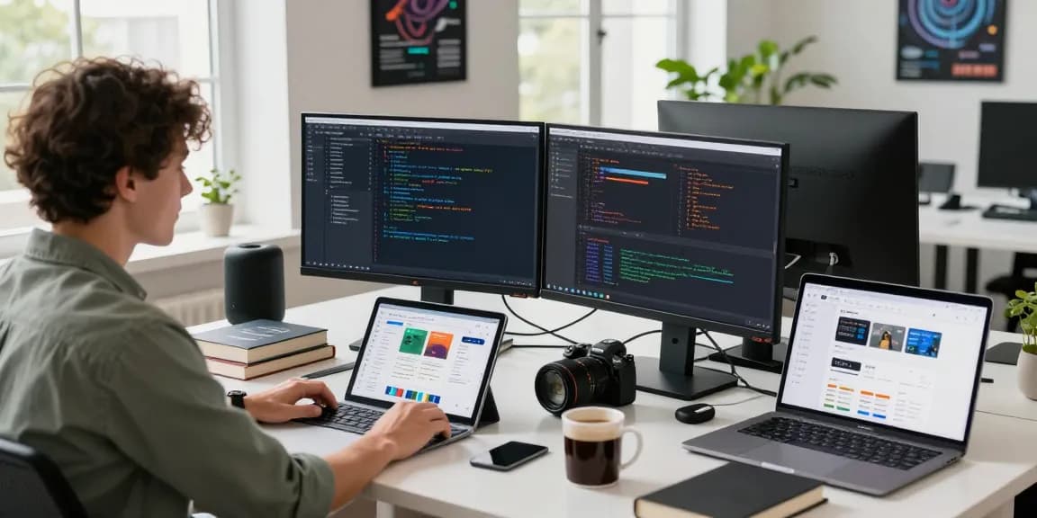 Software developer focused on dual screens in a modern workspace reflecting the WPS Official Website's tech innovation.