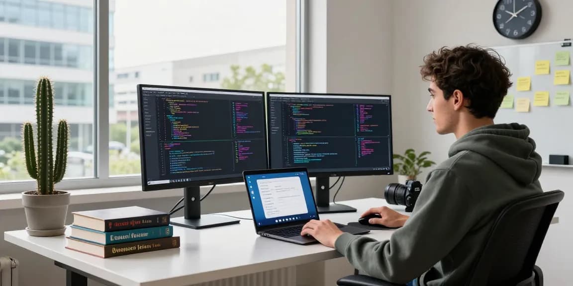 Developer coding Telegram Web Version at a modern workspace with technology and vibrant screens.