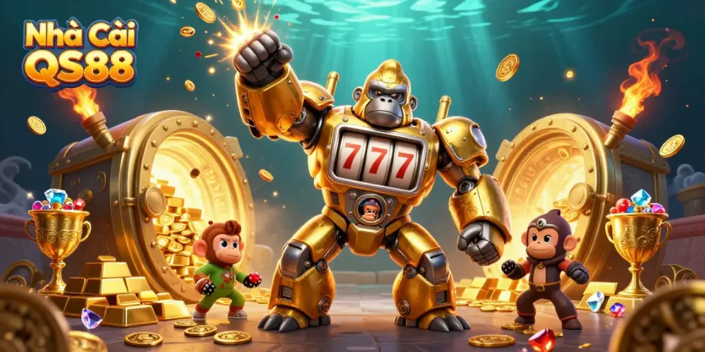 Experience excitement with Nhà Cái QS88, featuring a golden gorilla mech in an action-packed casino scene.