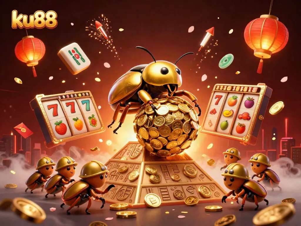 ku88 showcases a golden beetle rolling coins in a vibrant casino scene filled with colorful game elements.