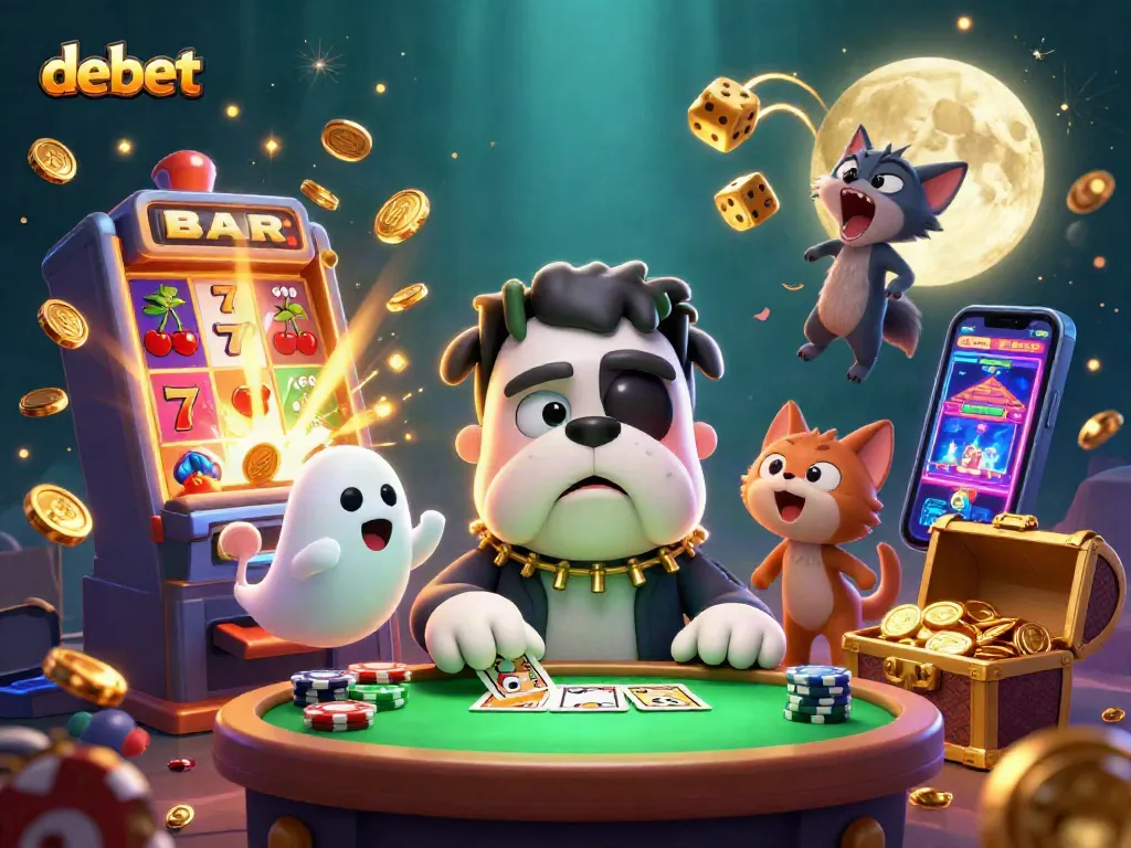 Engage in thrilling debet gaming with vibrant characters playing cards surrounded by golden jackpots and dynamic casino elements.