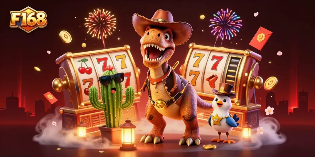 Engage with the immersive world of F168 Casino, featuring a vibrant T-Rex and themed slot reels.