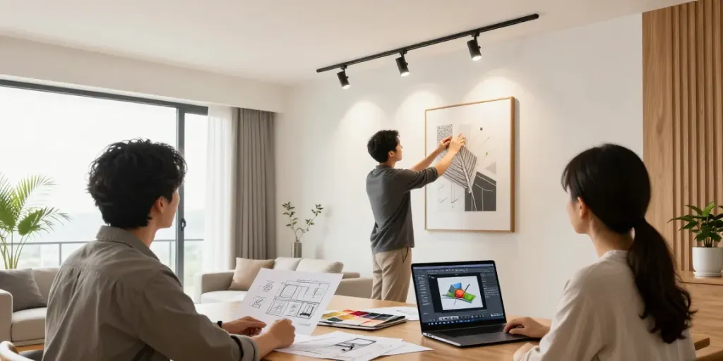 Montaj de sina magnetica în interior modern cu spoturi LED ajustabile