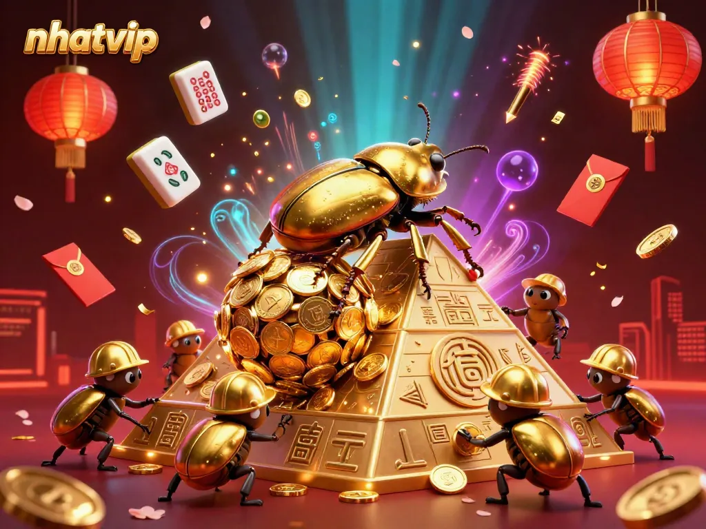 Experience the excitement of nhatvip with vibrant casino elements and dynamic characters in a captivating 3D illustration.