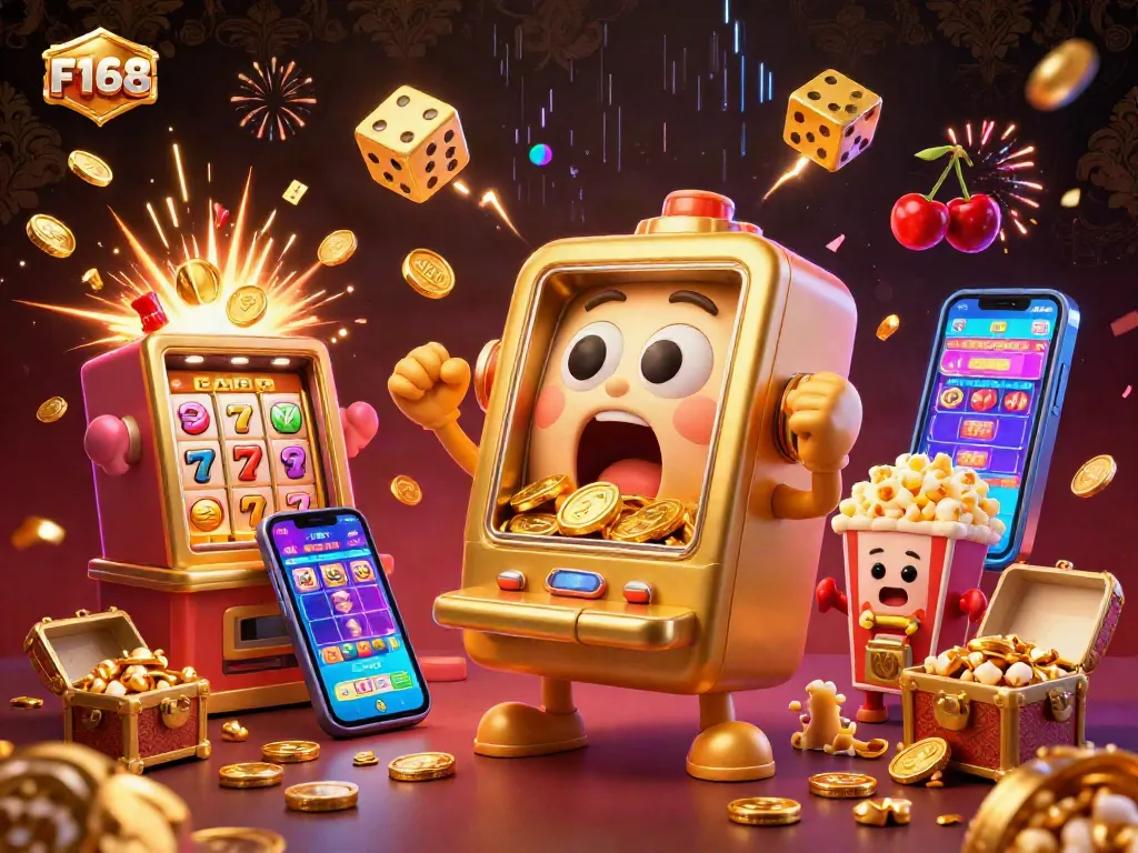 F168 engaging players with vibrant casino action, as golden coins erupt from a slot machine.