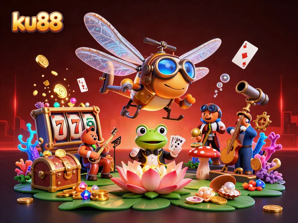 Experience the excitement of ku88 as the dragonfly pilot hovers above a lily pad casino with thrilling gaming elements.