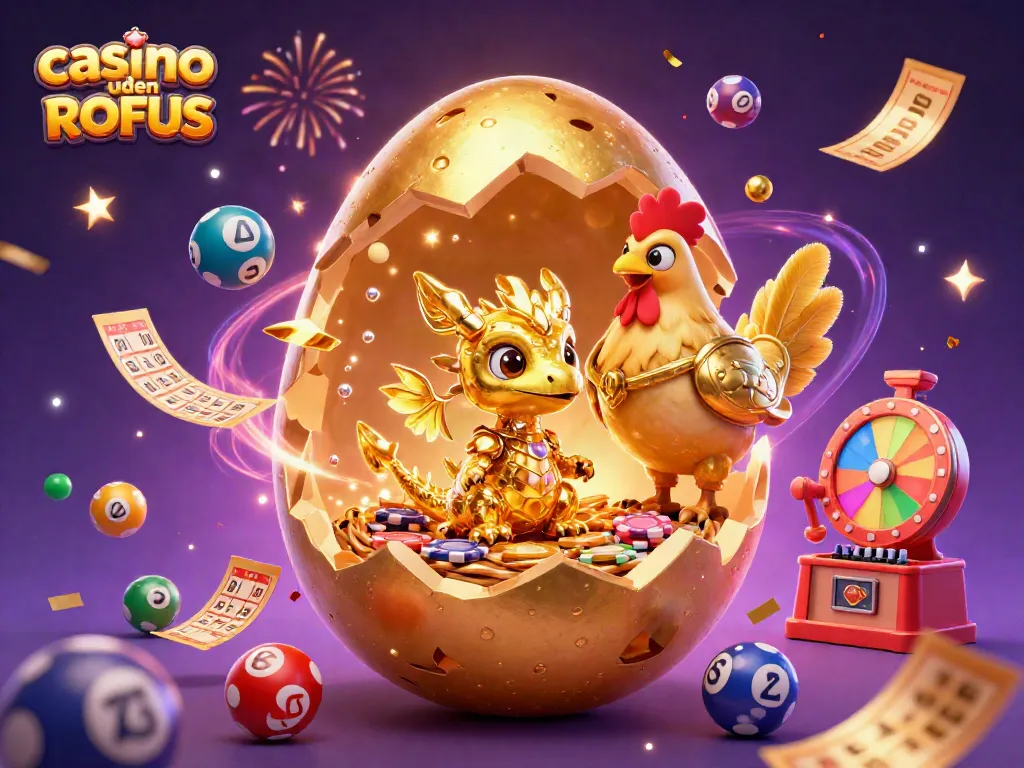 Engage with casino uden ROFUS where a golden baby dragon reveals poker chips surrounded by dynamic lottery elements.