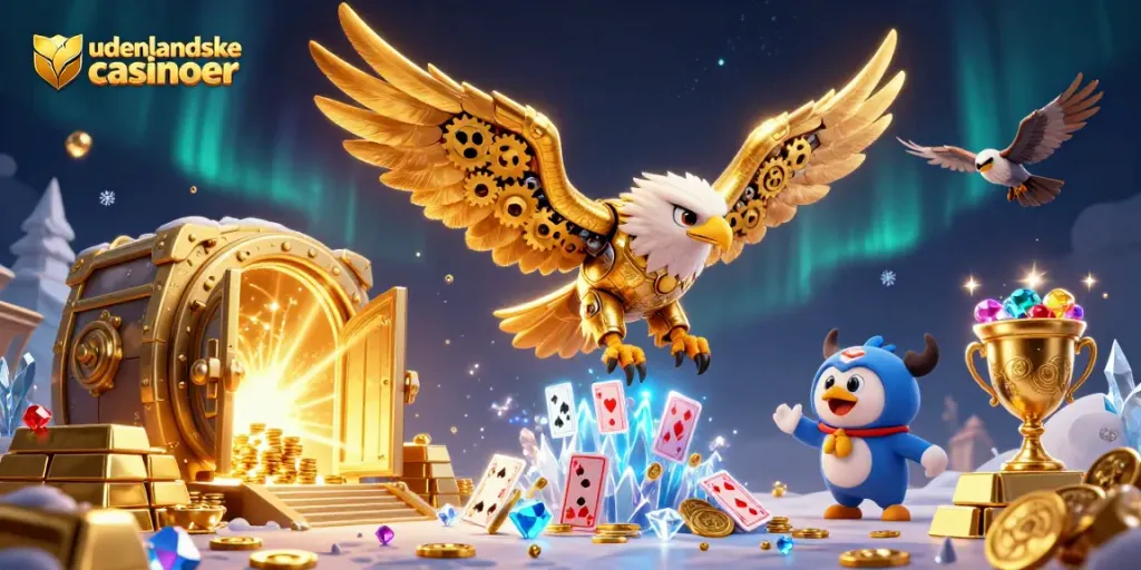 Experience udenlandske casinoer with vibrant 3D golden eagle soaring through holographic cards.