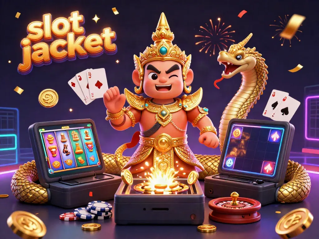 Experience thrilling slot jackpot games with lively characters and festive elements in this rich 3D illustration.