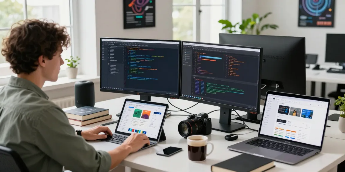 Software developer focused on dual screens in a modern workspace reflecting the WPS Official Website's tech innovation.