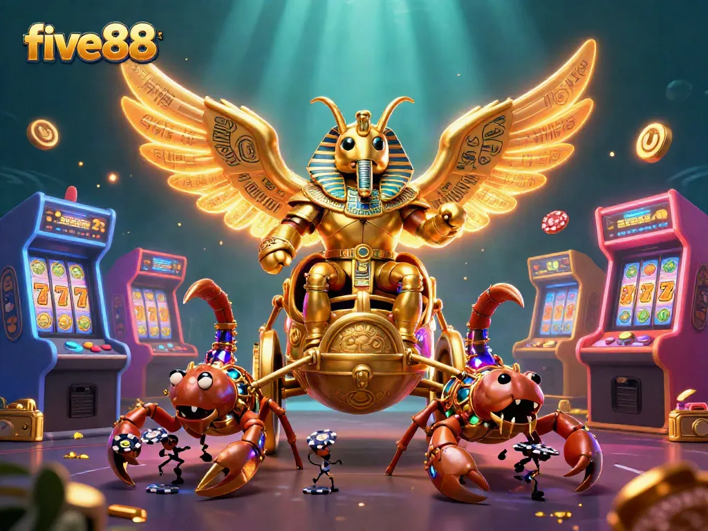 Experience winning strategies at five88 with a dynamic scene of a colossal scarab beetle in a casino.