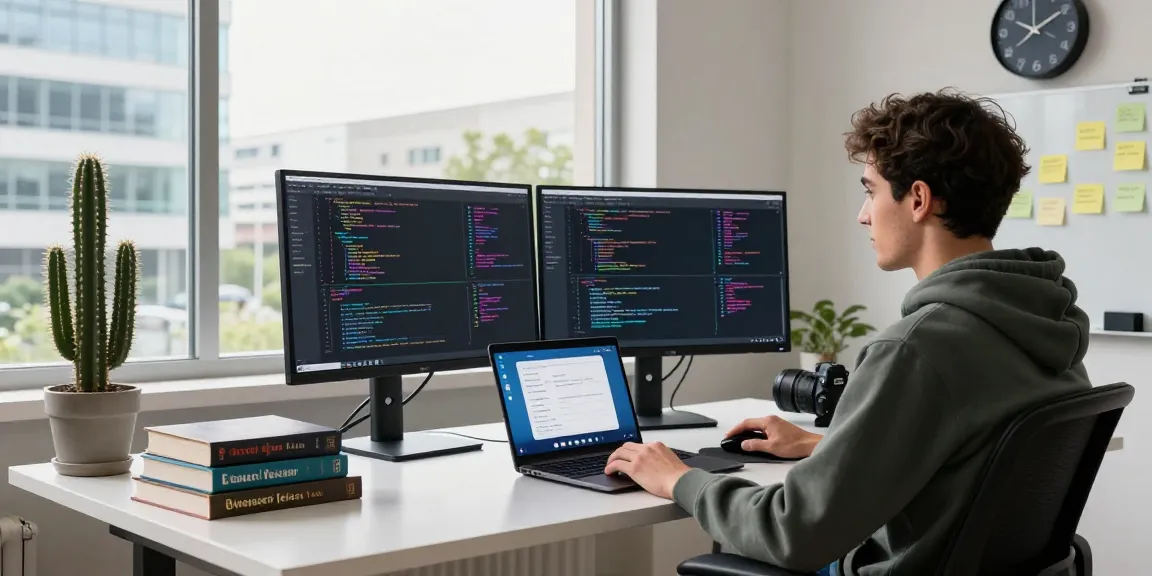 Developer coding Telegram Web Version at a modern workspace with technology and vibrant screens.