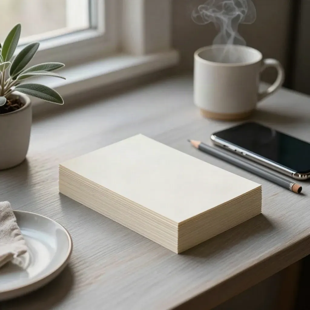 Student desk with habit cards, steam from a mug, a phone, pencil, and plant.