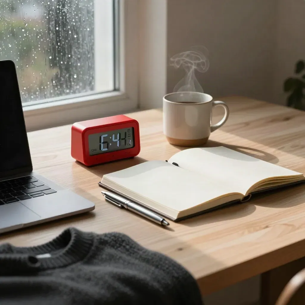 Rainy morning discipline workspace with red timer, planner, mug, sweater and laptop on pale oak