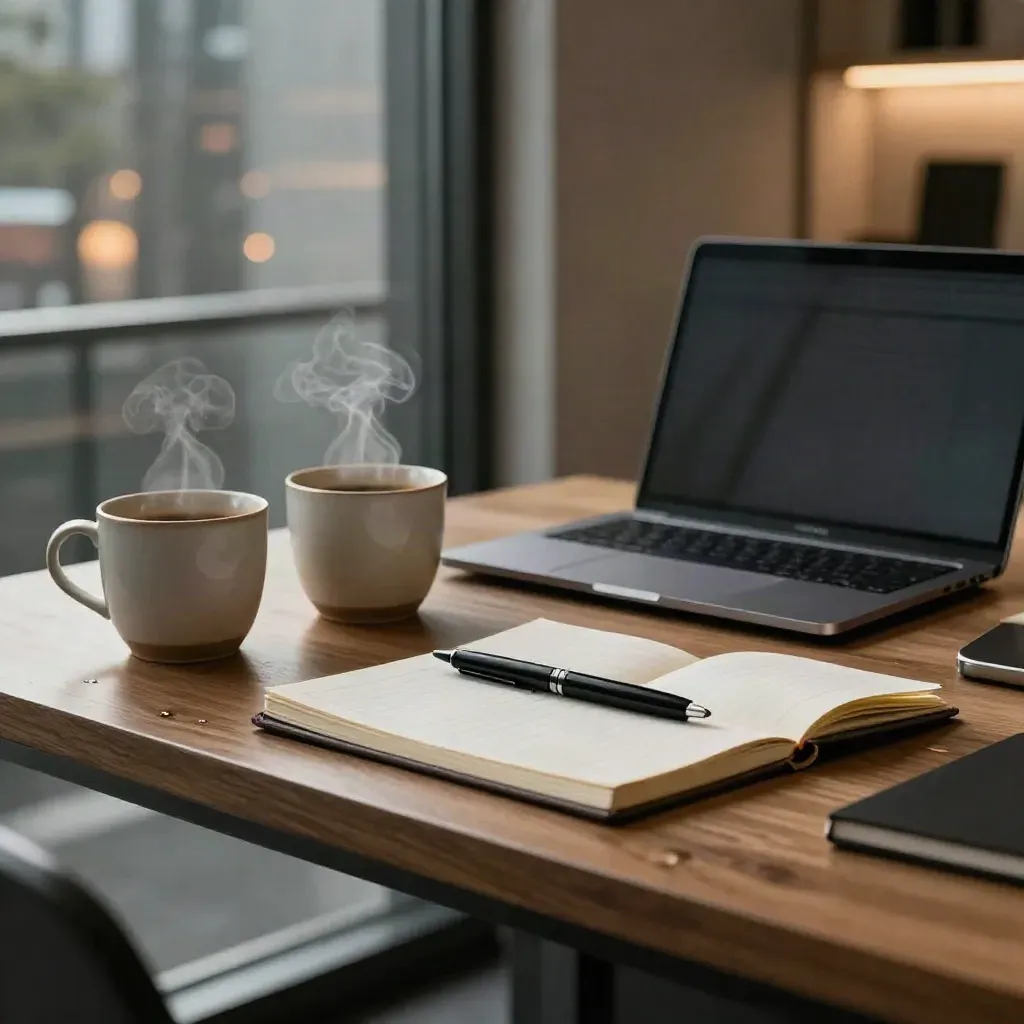 After-hours office table with closed laptop, steaming cups, pen and notebook by frosted glass