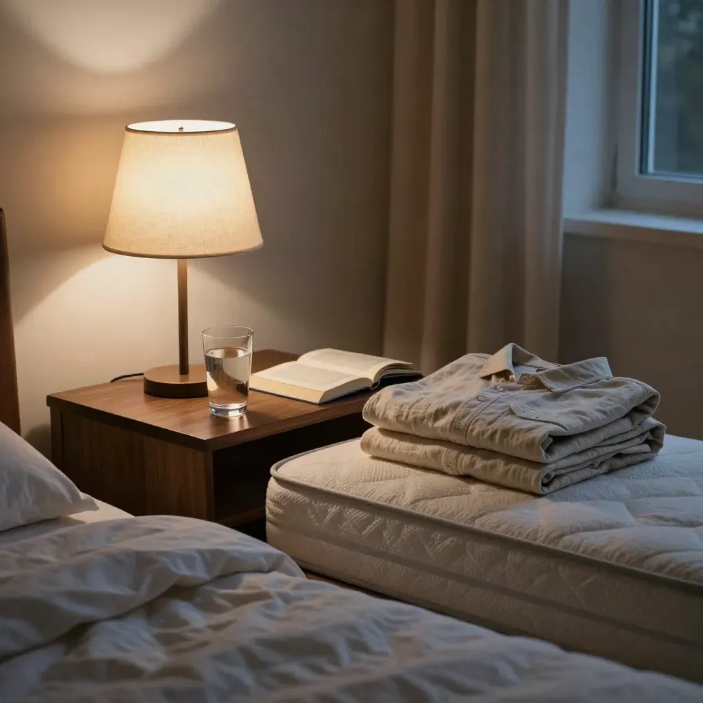 Bedside lamp, water glass, closed paperback and folded shirt at dusk beside a bed