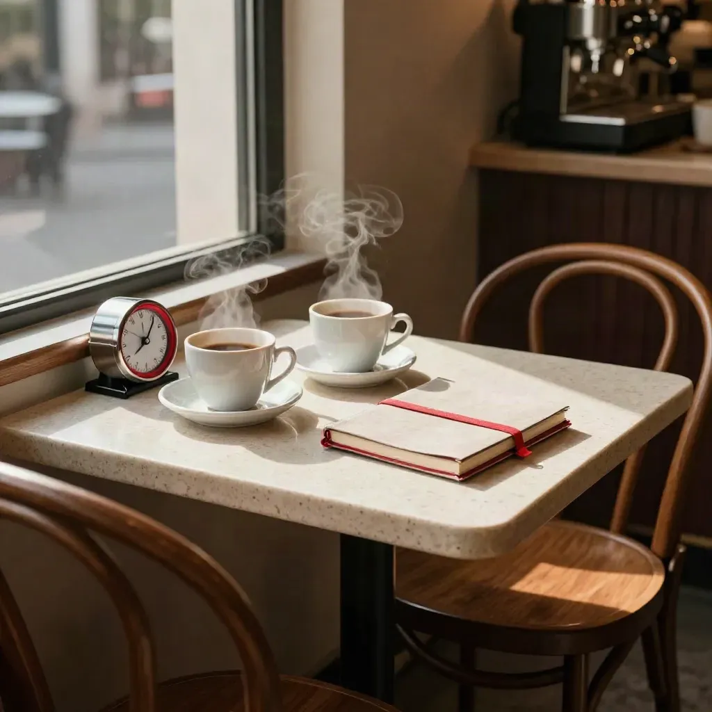 Steam rises over a café accountability table with two cups, a timer, and a closed notebook.