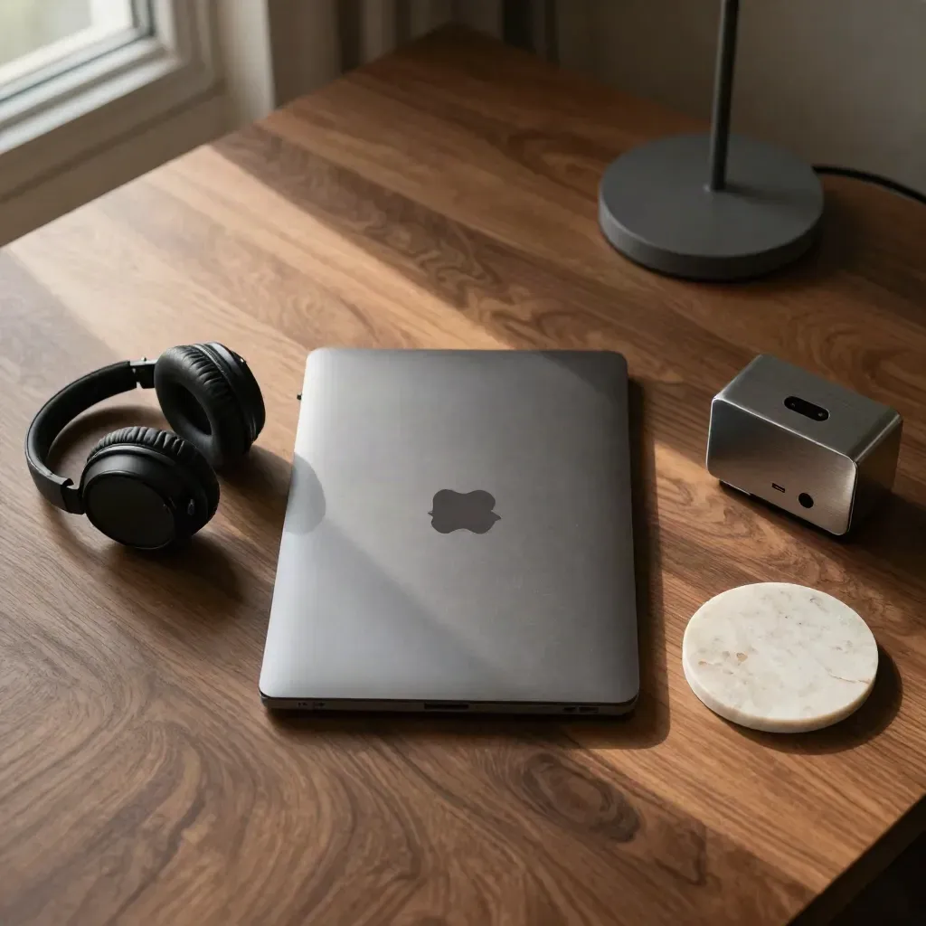 Top-down walnut desk with closed laptop, headphones, timer, lamp and stone coaster in warm window light.