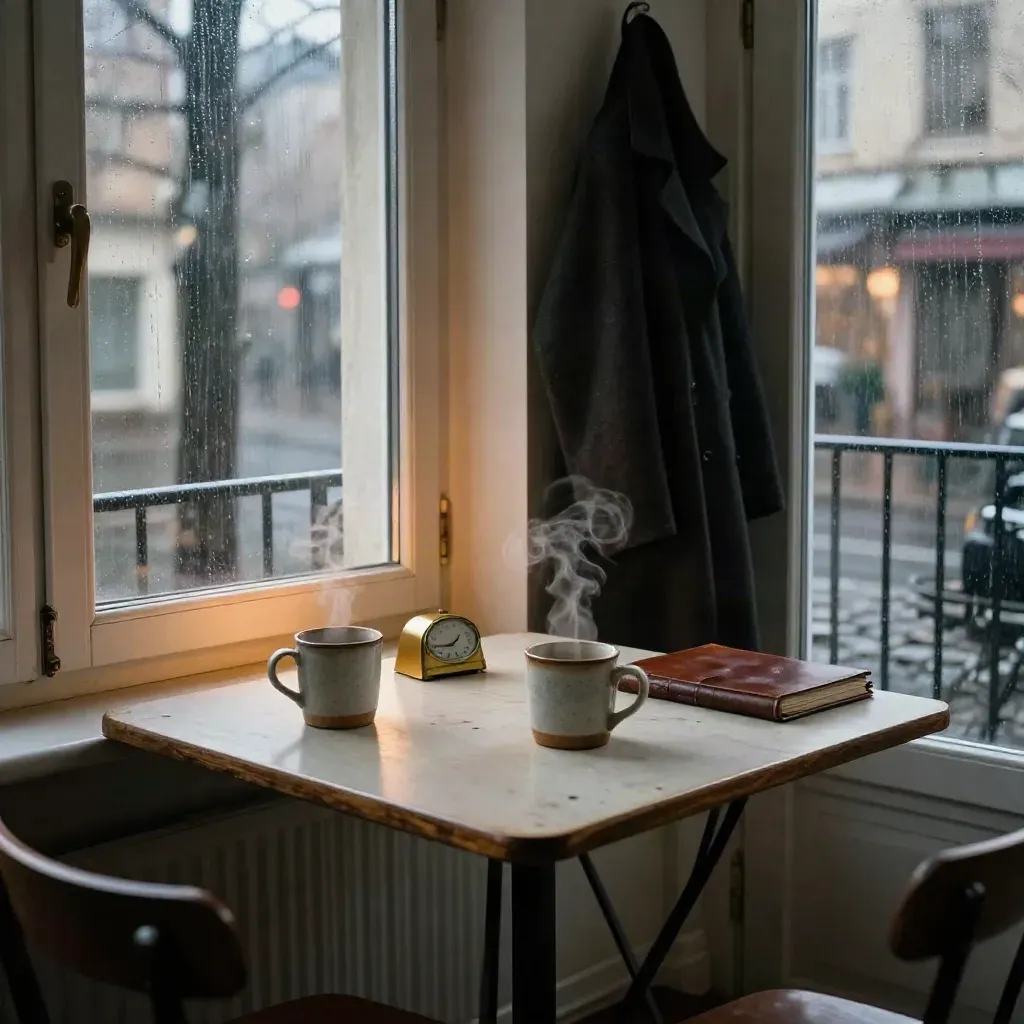 Rainy Berlin coaching corner with steam mugs, fold-out table, coat hook, and glowing street.