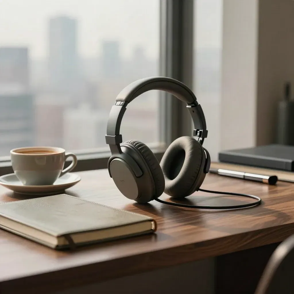 Muted headset on a founder’s desk beside a cup and closed notebook, city skyline beyond bright window