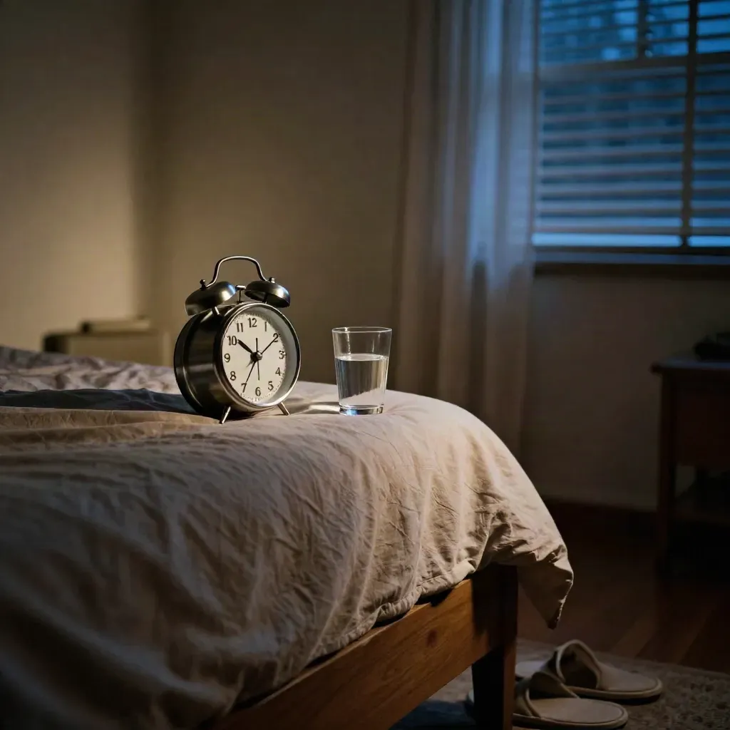 Bedroom scene with alarm clock, water glass, slippers, and night blinds