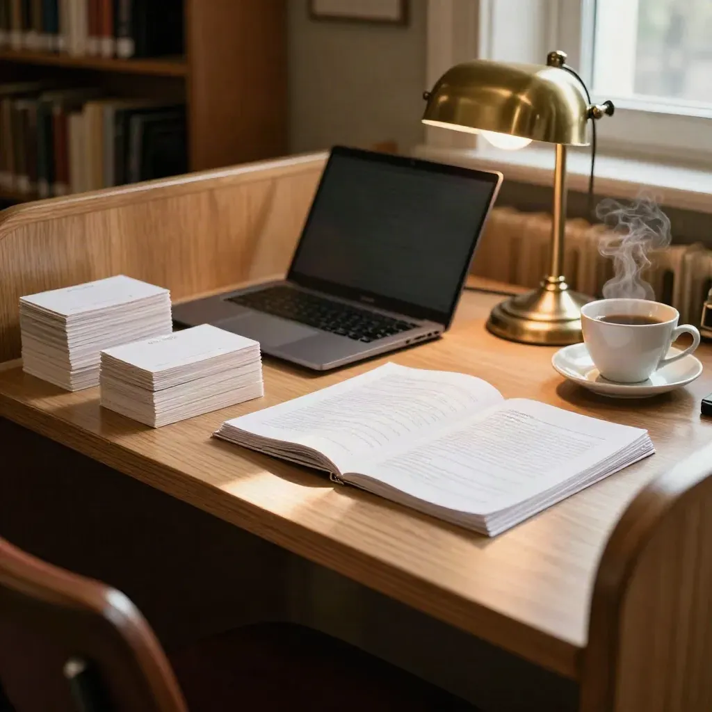 Library carrel with study cards, closed laptop, lamp and tea cup in warm side light.