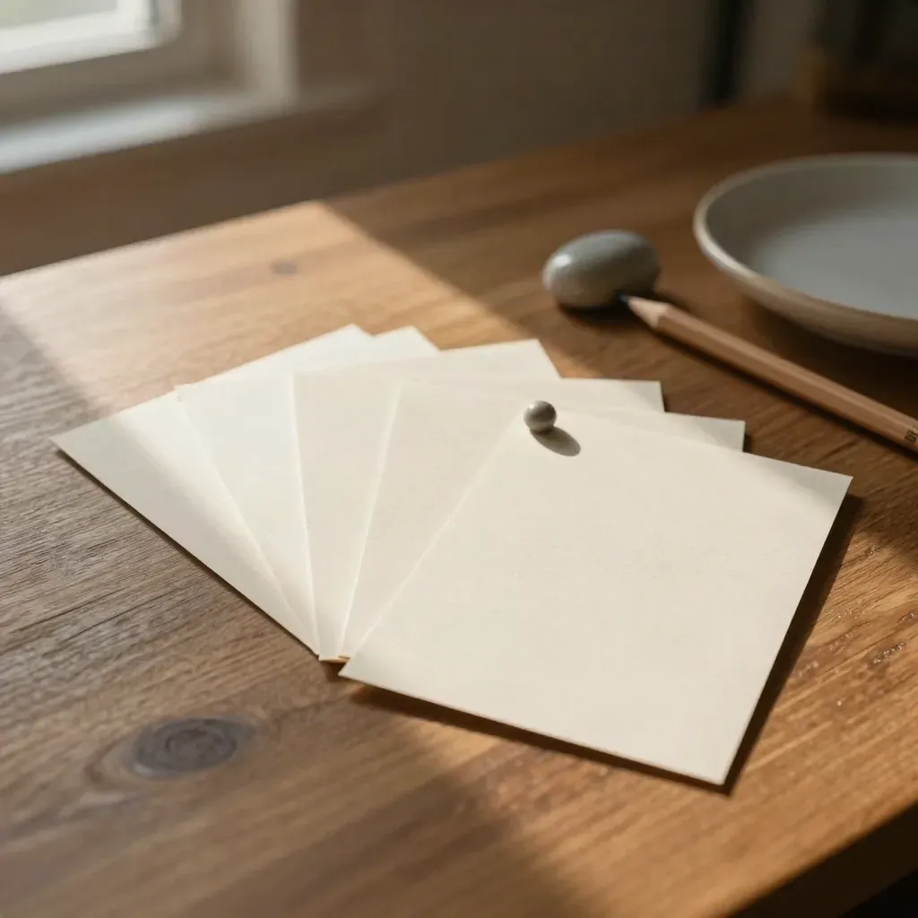 Overhead task cards, stone weight, pencil and tray on a warm desk in window light.
