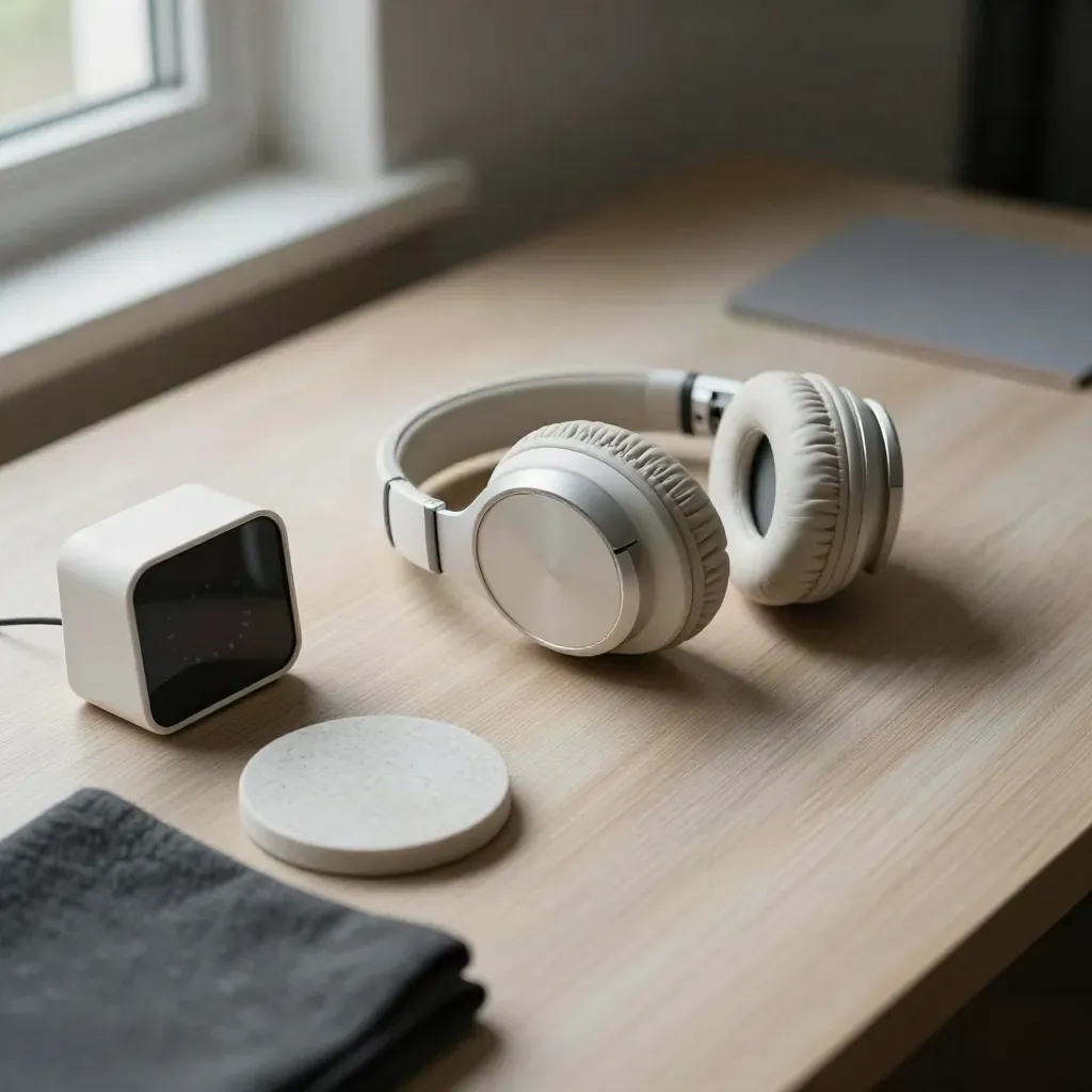 Headphones beside timer, stone coaster, and folded cloth on a pale wood desk
