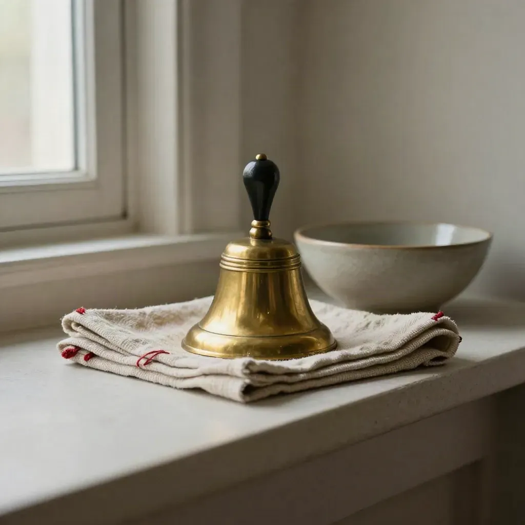 Brass desk bell, folded cloth, and ceramic bowl on a plaster shelf in soft window light