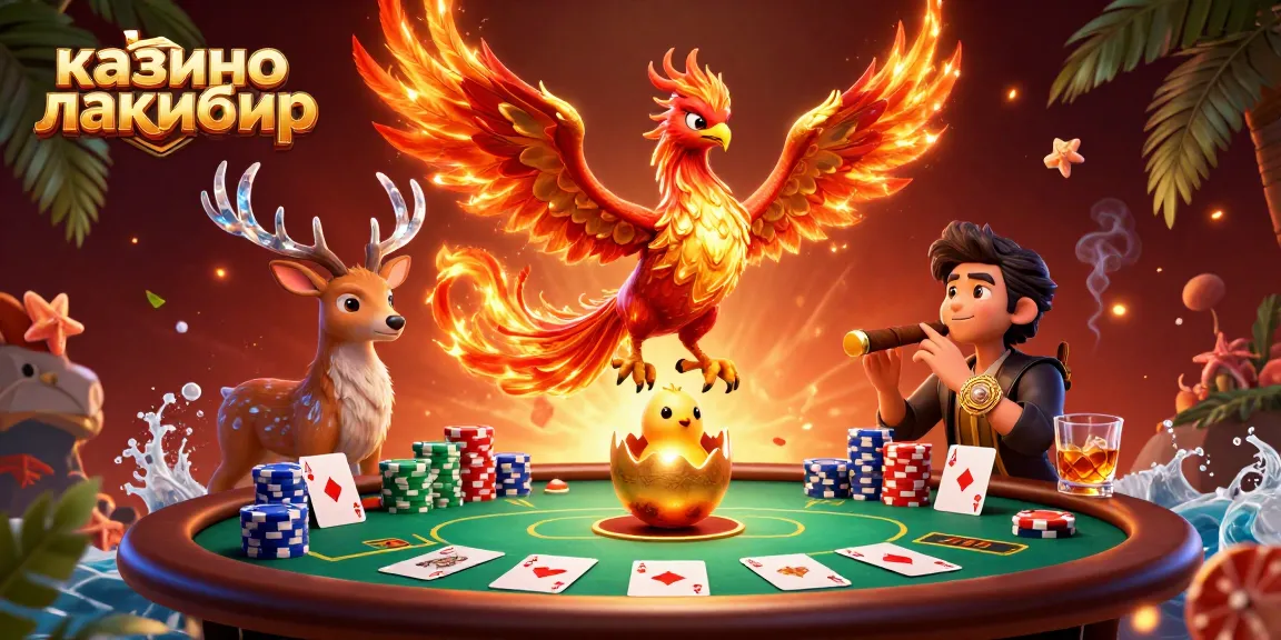 Experience thrilling wins at казино лакибир with this vibrant 3D illustration of a phoenix and poker elements.