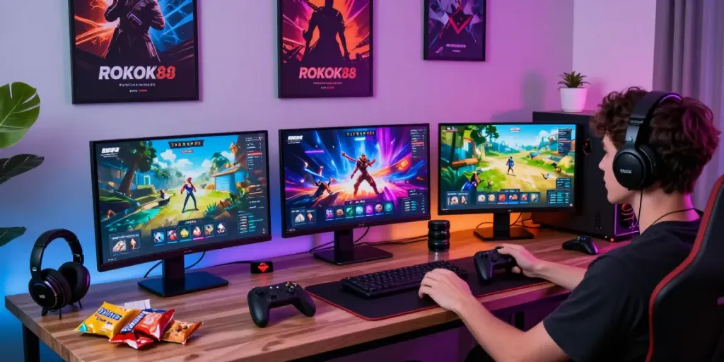 Engaging gaming scene with a player exploring rokok88 link across multiple devices in a vibrant room.