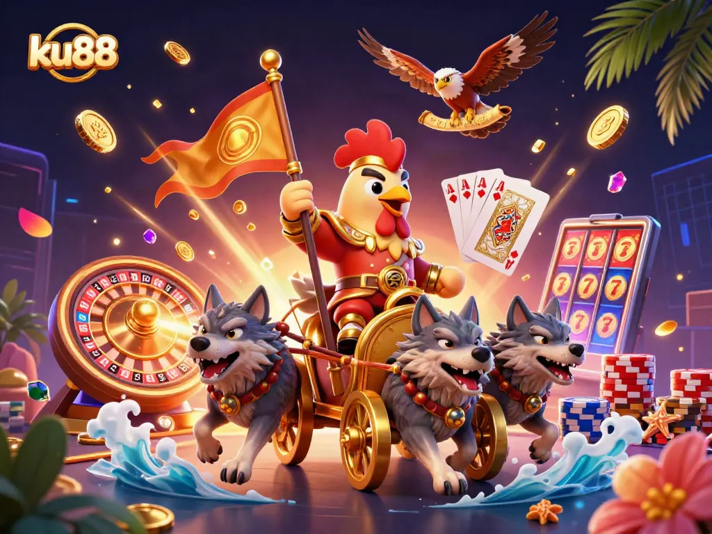 Experience thrilling wins at ku88 with a vibrant 3D casino illustration filled with dynamic elements.