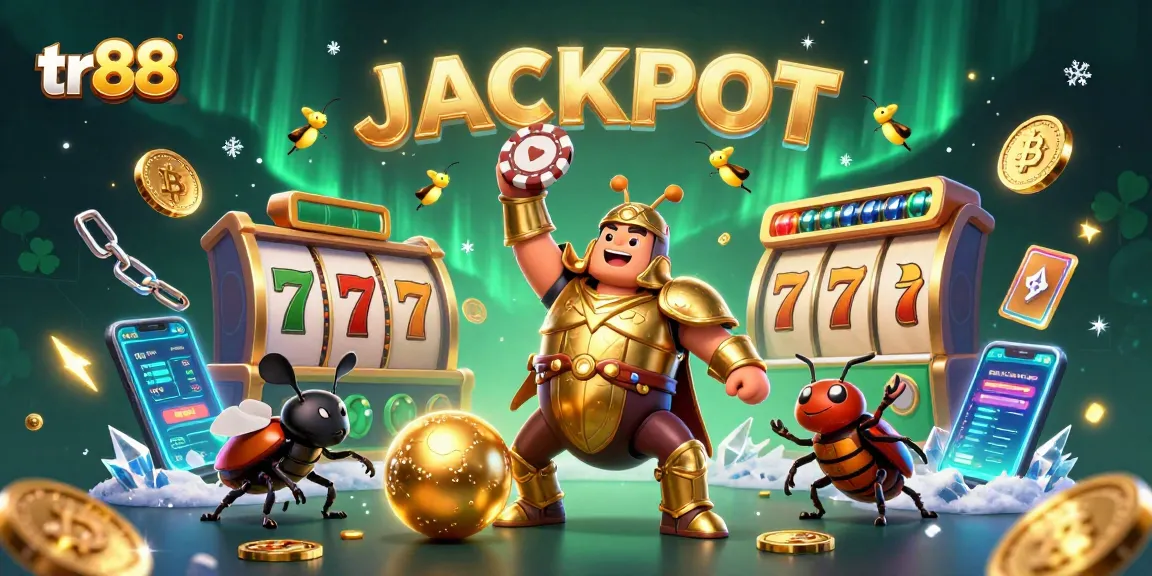 Experience the thrill of TR88 as a victorious beetle lifts a poker chip amidst vibrant casino elements.