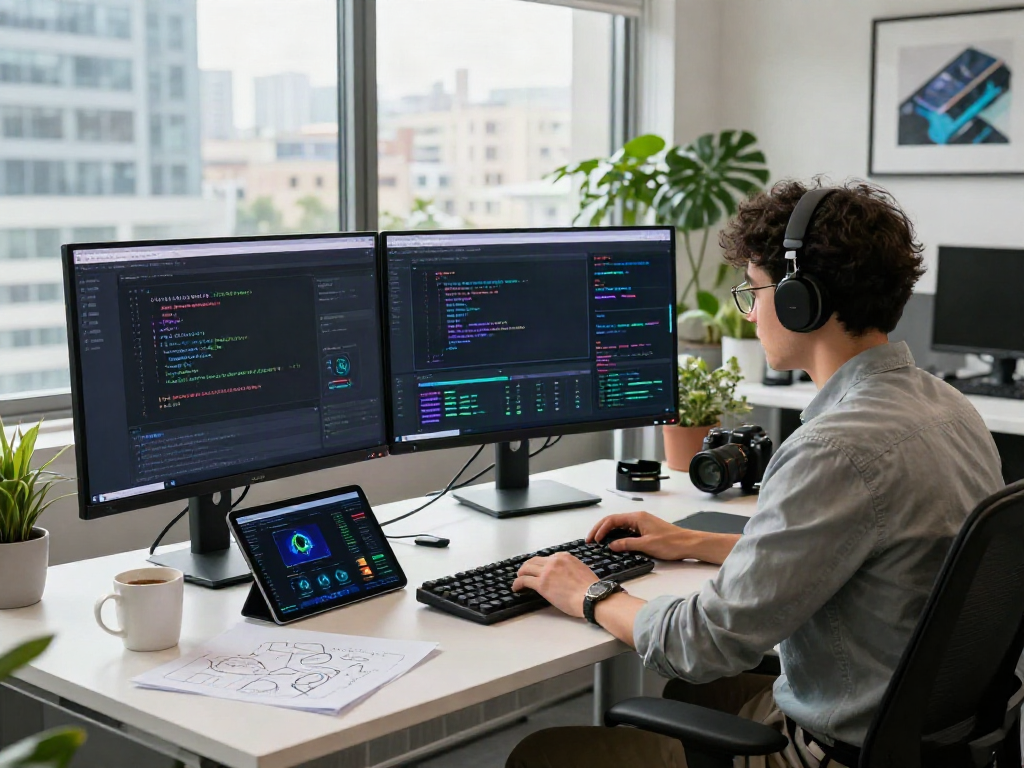 Developer working on crushon ai software in a modern office environment.