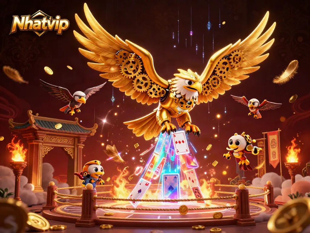 Nhatvip immersive casino experience showcasing a cybernetic eagle amidst holographic playing cards and gold elements.