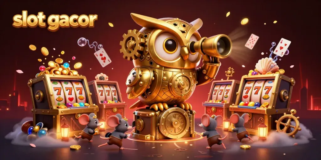 Engage in slot gacor excitement with a vibrant 3D casino scene featuring a golden owl and charming mice.