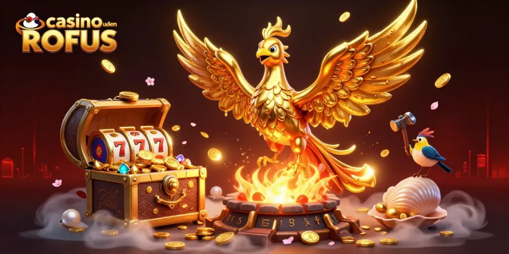 Bet on exciting gameplay at casino uden ROFUS with golden phoenix and slot elements in a vibrant 3D scene.