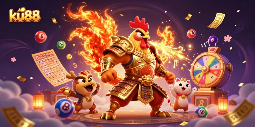 ku88 offers exciting casino adventures with a fiery rooster warrior, dragon hatchling, and festive games.
