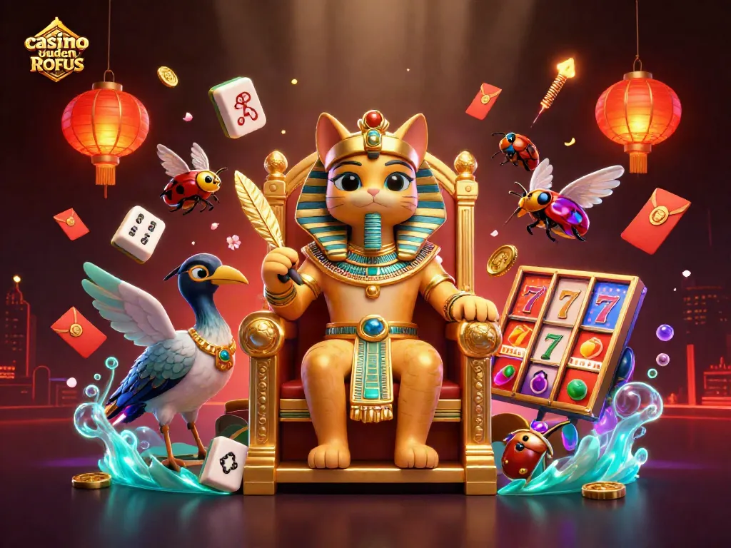 Play at casino uden ROFUS with engaging characters and rich gaming elements in this vibrant illustration