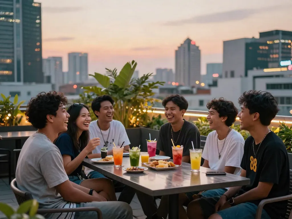 Friends enjoying rokok 88 on a rooftop with city skyline backdrop during sunset.
