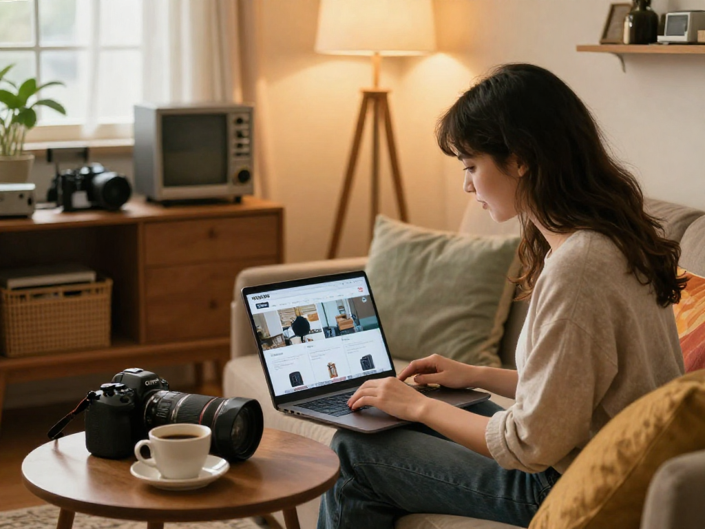 ROKOK88 login on a laptop showcasing valuable second-hand treasures in a cozy living room.