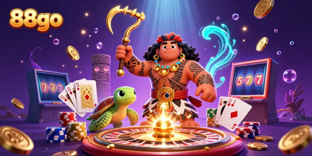 Feel the excitement of 88go with a vibrant casino scene featuring a demigod hawk and turtle amidst a whirlwind of casino games.