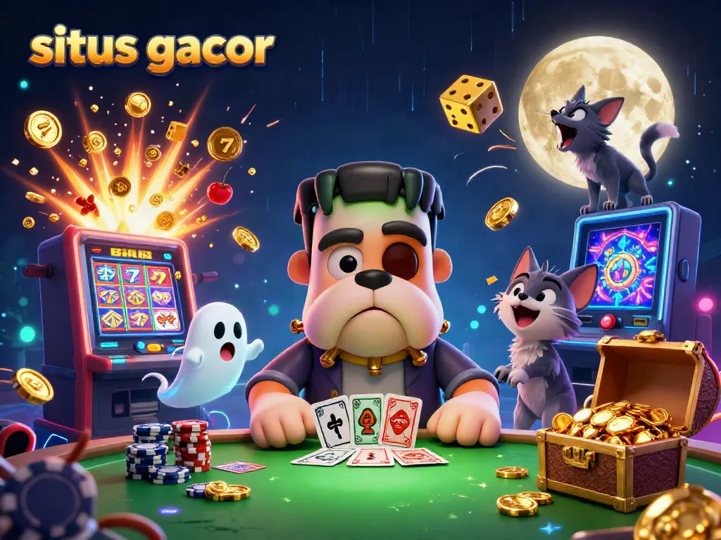 Experience winning with situs gacor in a dynamic casino scene featuring charming characters and exciting game elements.