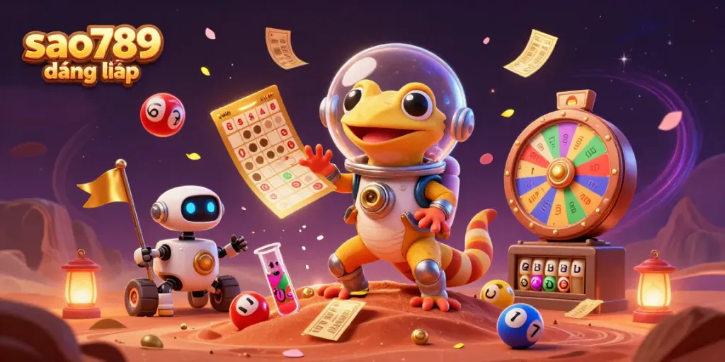 Experience the excitement of sao789 đăng nhập with a Martian gecko uncovering a golden casino in 3D.