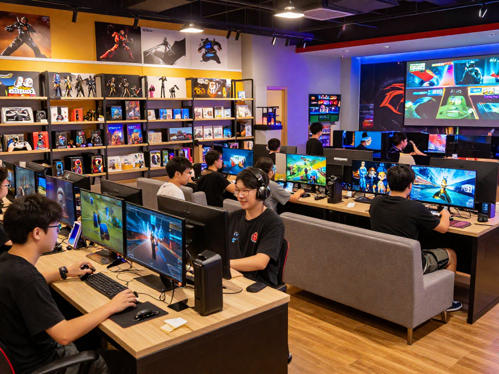 ROKOK88 login scene showcasing gamers excitedly browsing games in a vibrant store atmosphere