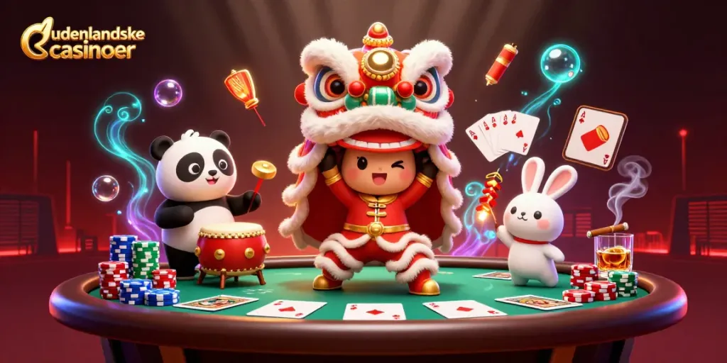 Immerse yourself in udenlandske casinoer with this vibrant 3D illustration showcasing a lion dance and poker elements.