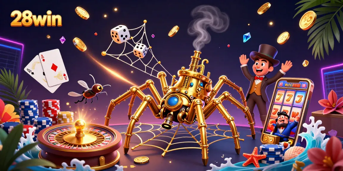 Experience the excitement of 28win with a golden steampunk spider ensnaring dice amid lavish casino elements.