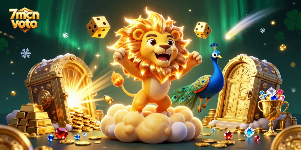 Engage with the vibrant, victorious scene of 7mcn voto showcasing a golden lion amidst casino treasures.
