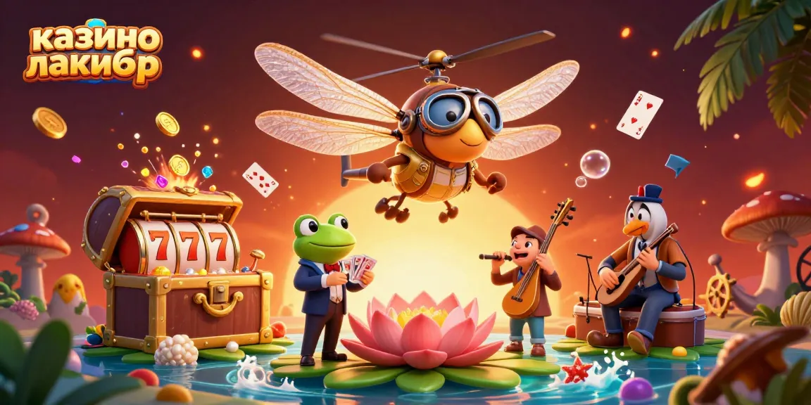 Play and win at казино лакибир with a vibrant scene of a dragonfly pilot, frog croupier, and jazz musicians