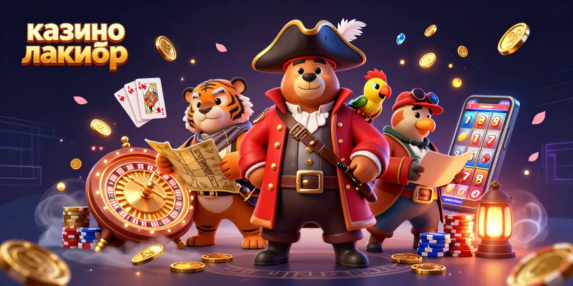 Experience winning thrills at казино лакибир with a vibrant 3D casino scene of a pirate bear and friends.